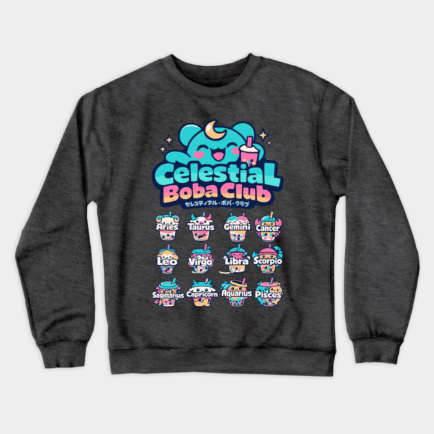 Celestial Boba Club – Kawaii Zodiac Vaporwave Crewneck Sweatshirt by Designed By Marty