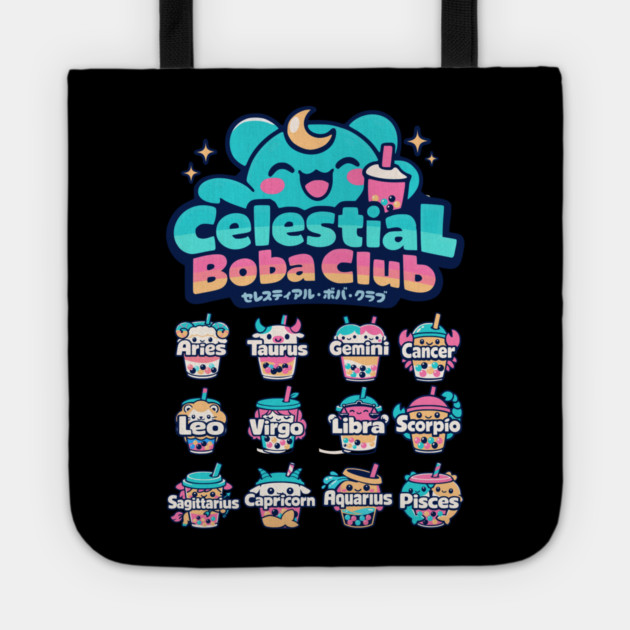 Celestial Boba Club – Kawaii Zodiac Vaporwave Tote by Designed By Marty