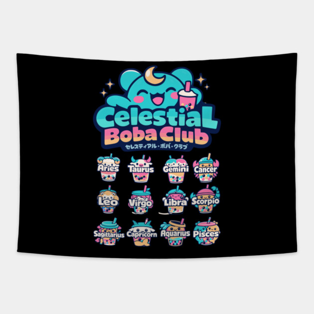 Celestial Boba Club – Kawaii Zodiac Vaporwave Tapestry by Designed By Marty