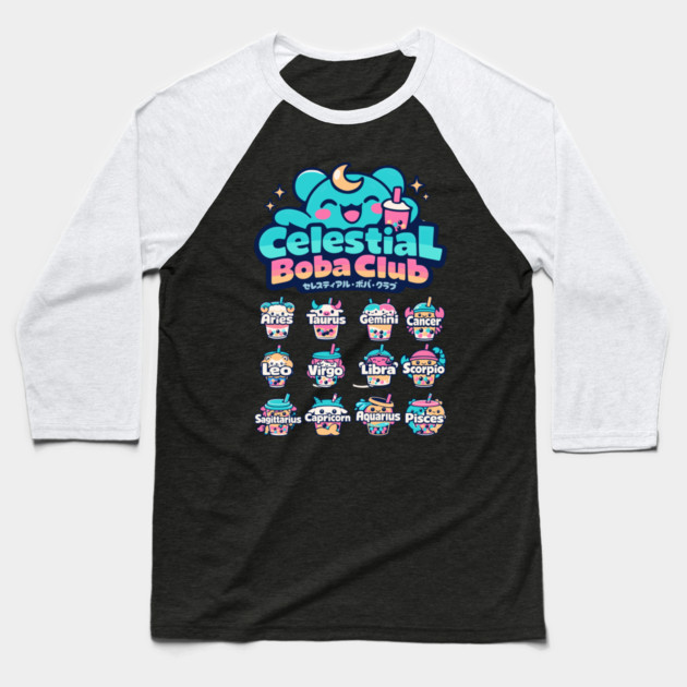 Celestial Boba Club – Kawaii Zodiac Vaporwave Baseball T-Shirt by Designed By Marty