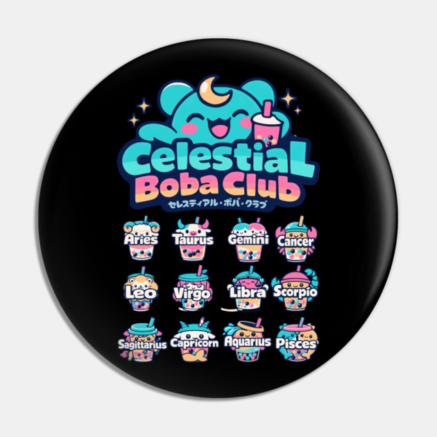 Celestial Boba Club – Kawaii Zodiac Vaporwave Pin by Designed By Marty