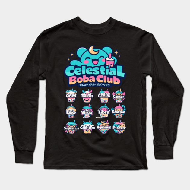 Celestial Boba Club – Kawaii Zodiac Vaporwave Long Sleeve T-Shirt by Designed By Marty