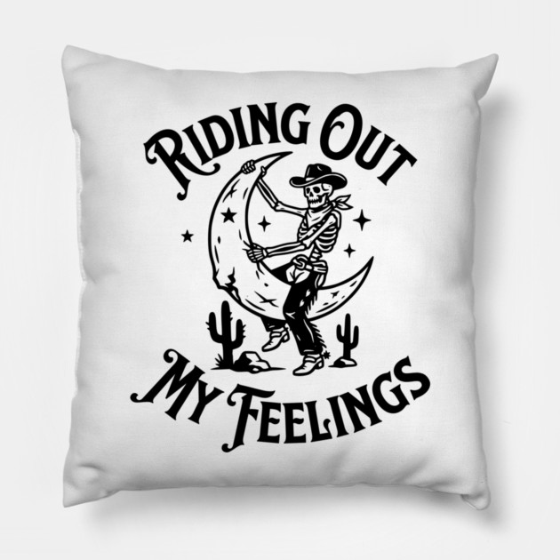 Riding Out My Feelings – Cowboy Skull Moon Pillow by Designed By Marty
