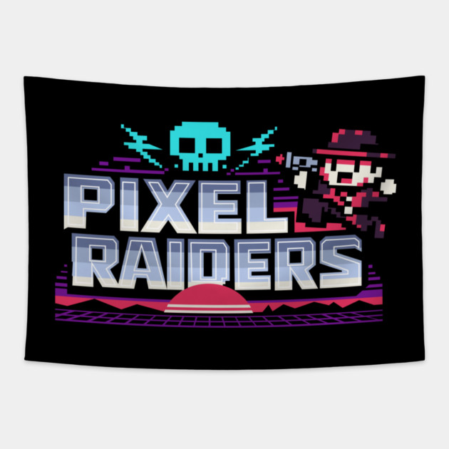 Pixel Raiders – Retro Arcade Outlaws Tapestry by Designed By Marty