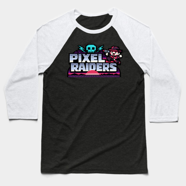 Pixel Raiders – Retro Arcade Outlaws Baseball T-Shirt by Designed By Marty