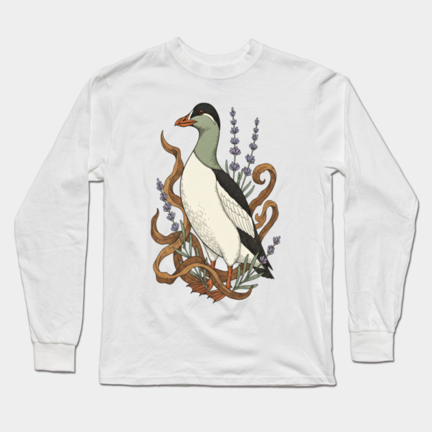 Common Elder Duck with Sea Lavender Wildlife Nature Long Sleeve T-Shirt by BirdsnStuff
