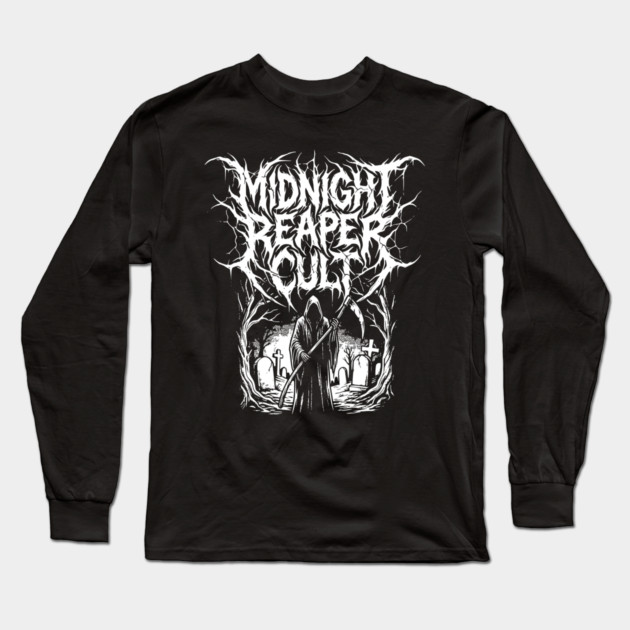Midnight Reaper Death Metal Logo Design Long Sleeve T-Shirt by Designed By Marty