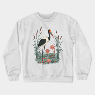 Saddle-Billed Stork Wetland Botanical Art Crewneck Sweatshirt