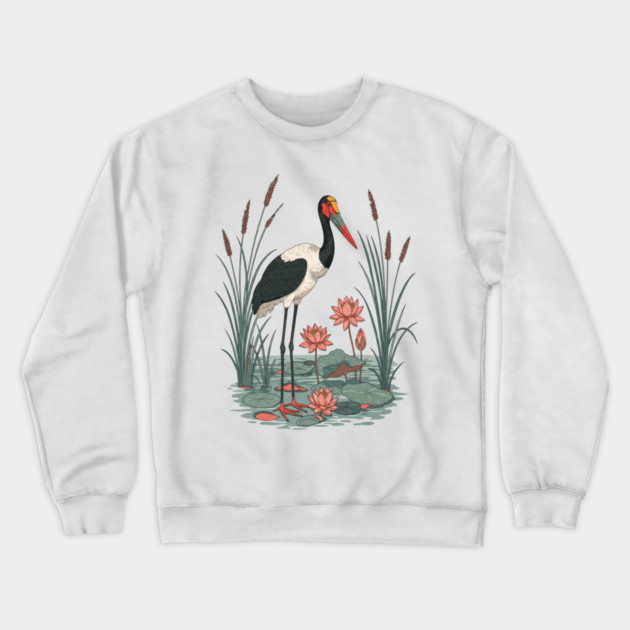 Saddle-Billed Stork Wetland Botanical Art Crewneck Sweatshirt by BirdsnStuff