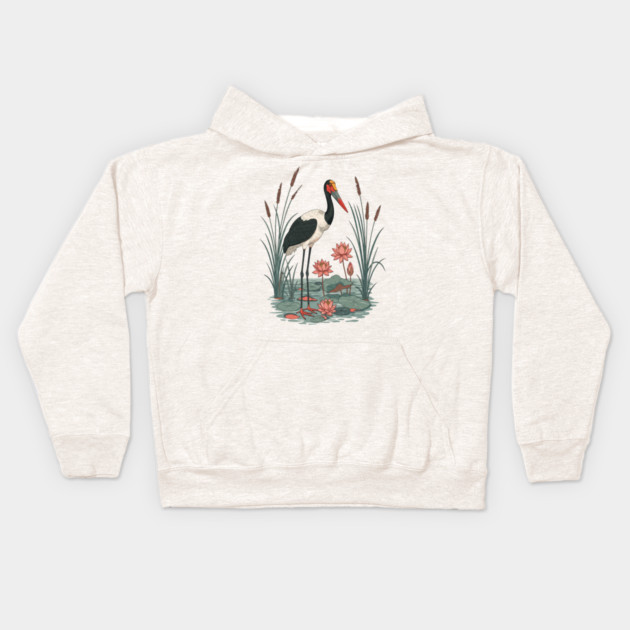 Saddle-Billed Stork Wetland Botanical Art Kids Hoodie by BirdsnStuff