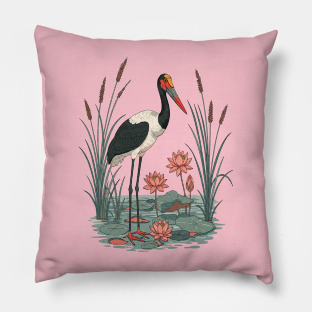 Saddle-Billed Stork Wetland Botanical Art Pillow by BirdsnStuff