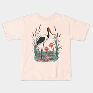 Saddle-Billed Stork Wetland Botanical Art Kids T-Shirt