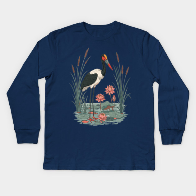 Saddle-Billed Stork Wetland Botanical Art Kids Long Sleeve T-Shirt by BirdsnStuff