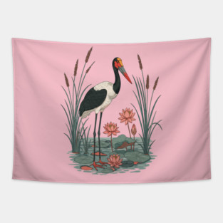 Saddle-Billed Stork Wetland Botanical Art Tapestry