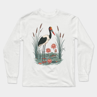 Saddle-Billed Stork Wetland Botanical Art Long Sleeve T-Shirt
