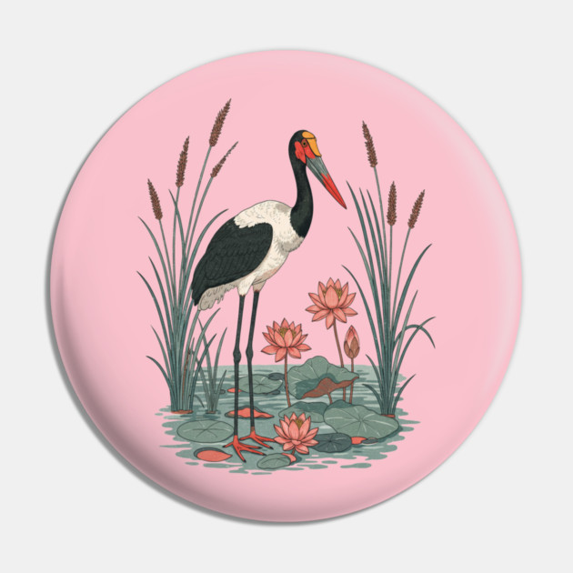 Saddle-Billed Stork Wetland Botanical Art Pin by BirdsnStuff