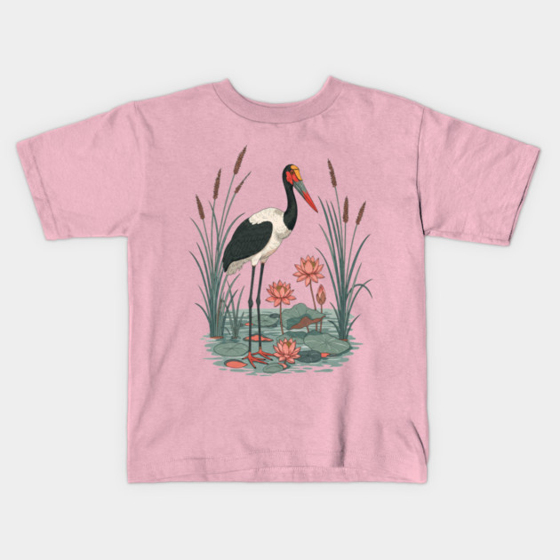 Saddle-Billed Stork Wetland Botanical Art Kids T-Shirt by BirdsnStuff