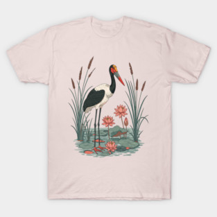 Saddle-Billed Stork Wetland Botanical Art T-Shirt