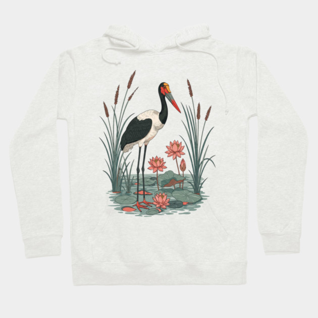 Saddle-Billed Stork Wetland Botanical Art Hoodie by BirdsnStuff