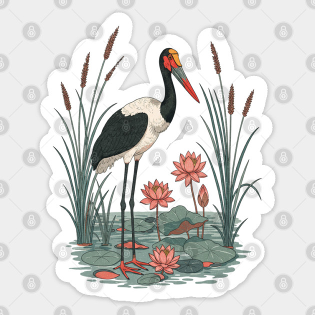 Saddle-Billed Stork Wetland Botanical Art Sticker by BirdsnStuff