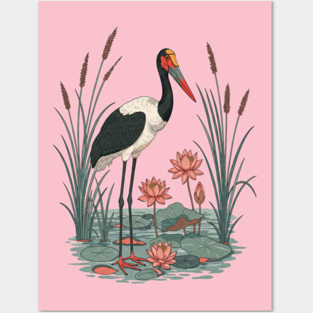 Saddle-Billed Stork Wetland Botanical Art Wall Art by BirdsnStuff