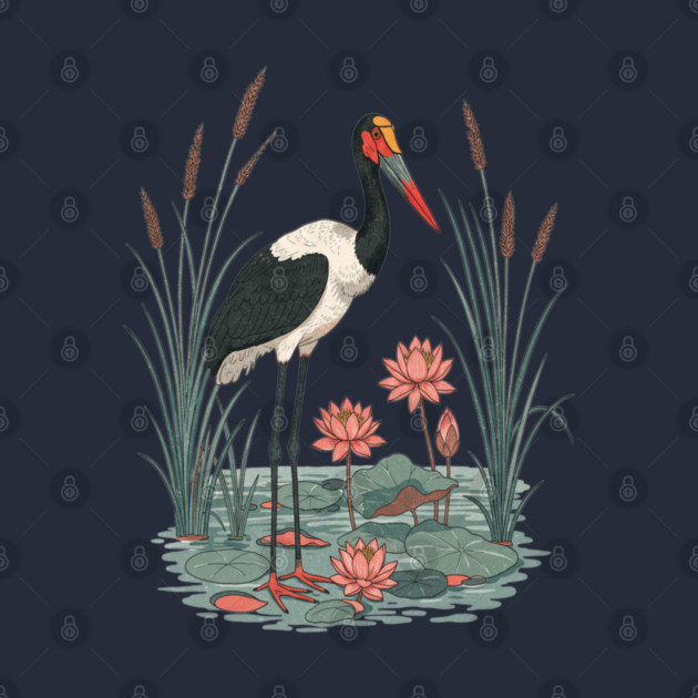 Saddle-Billed Stork Wetland Botanical Art by BirdsnStuff