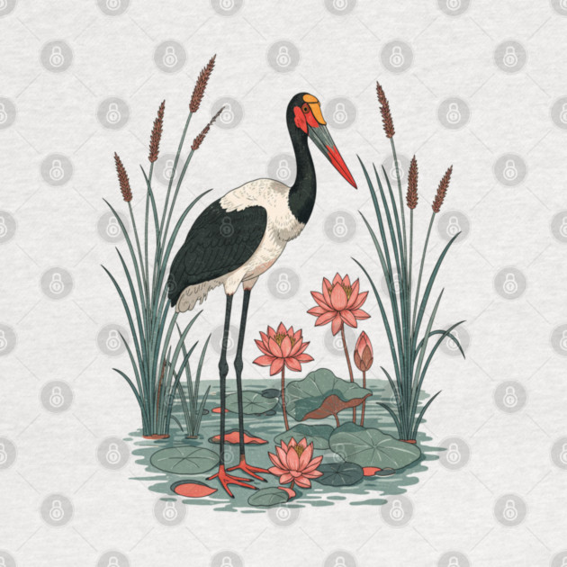 Saddle-Billed Stork Wetland Botanical Art by BirdsnStuff