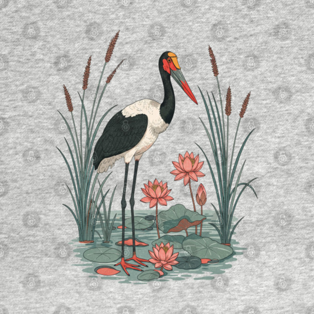 Saddle-Billed Stork Wetland Botanical Art by BirdsnStuff