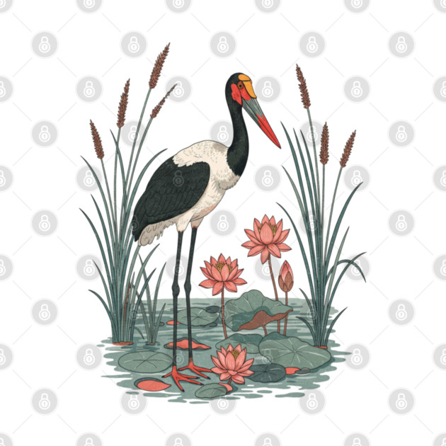 Saddle-Billed Stork Wetland Botanical Art by BirdsnStuff