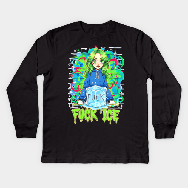 Billie Eilish Fck Ice out now cartoon Kids Long Sleeve T-Shirt by Donald's Store 2
