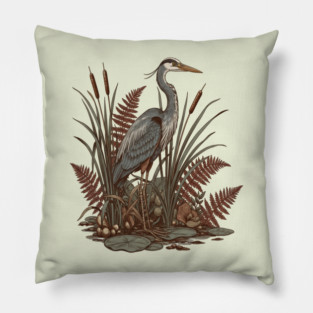 Great Blue Heron Marshland Scene Pillow