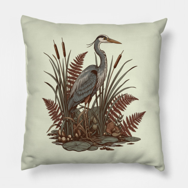 Great Blue Heron Marshland Scene Pillow by BirdsnStuff