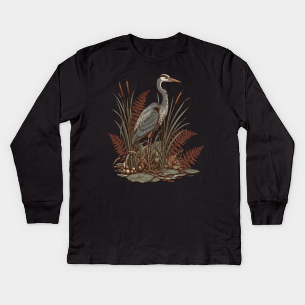 Great Blue Heron Marshland Scene Kids Long Sleeve T-Shirt by BirdsnStuff
