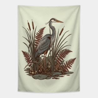 Great Blue Heron Marshland Scene Tapestry