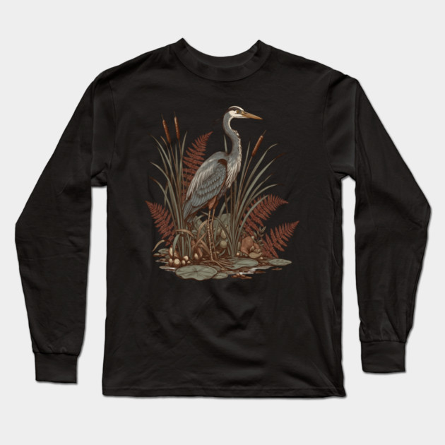 Great Blue Heron Marshland Scene Long Sleeve T-Shirt by BirdsnStuff