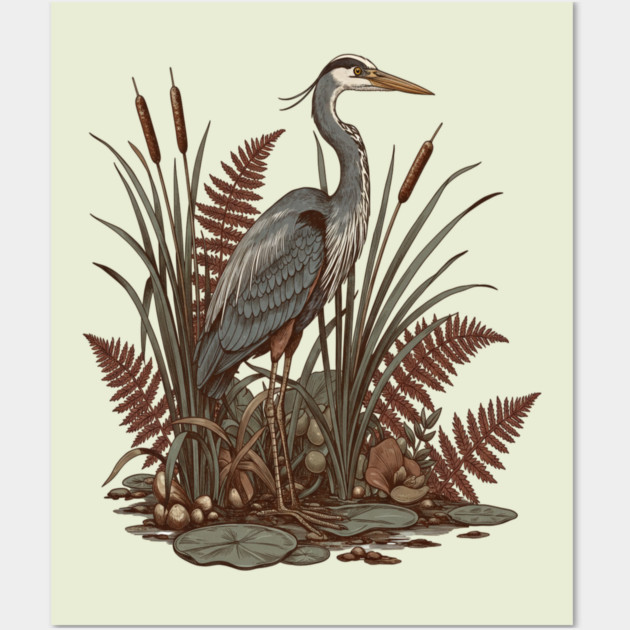 Great Blue Heron Marshland Scene Wall Art by BirdsnStuff