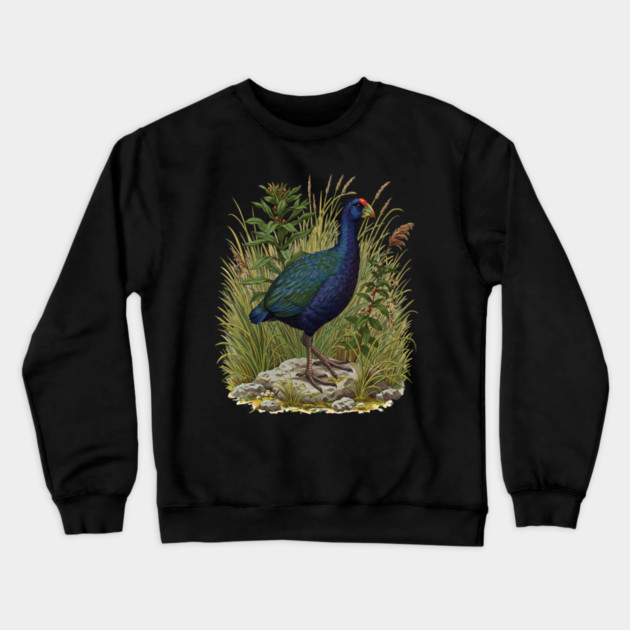 Purple Swamphen Among Wild Wetland Plants Crewneck Sweatshirt by BirdsnStuff