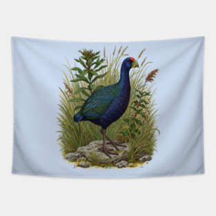 Purple Swamphen Among Wild Wetland Plants Tapestry