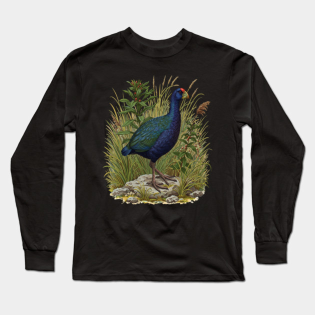 Purple Swamphen Among Wild Wetland Plants Long Sleeve T-Shirt by BirdsnStuff