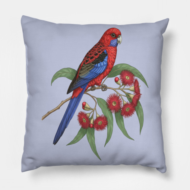 Crimson Rosella with Eucalyptus Blossoms Pillow by BirdsnStuff