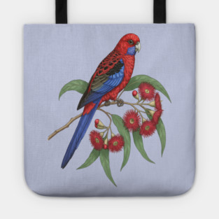 Crimson Rosella with Eucalyptus Blossoms Tote