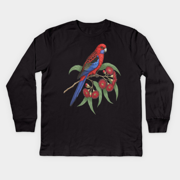 Crimson Rosella with Eucalyptus Blossoms Kids Long Sleeve T-Shirt by BirdsnStuff