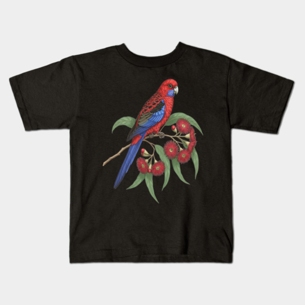 Crimson Rosella with Eucalyptus Blossoms Kids T-Shirt by BirdsnStuff