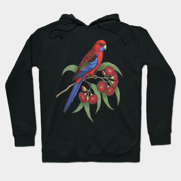 Crimson Rosella with Eucalyptus Blossoms Hoodie by BirdsnStuff