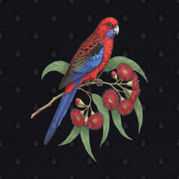 Crimson Rosella with Eucalyptus Blossoms by BirdsnStuff