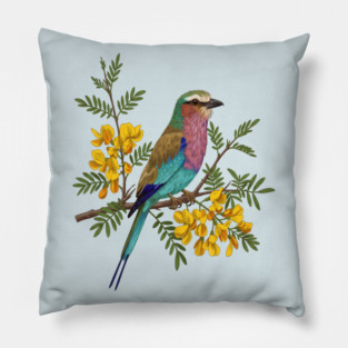 Lilac Breasted Roller with Acacia Blossoms Pillow