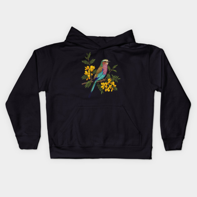 Lilac Breasted Roller with Acacia Blossoms Kids Hoodie by BirdsnStuff