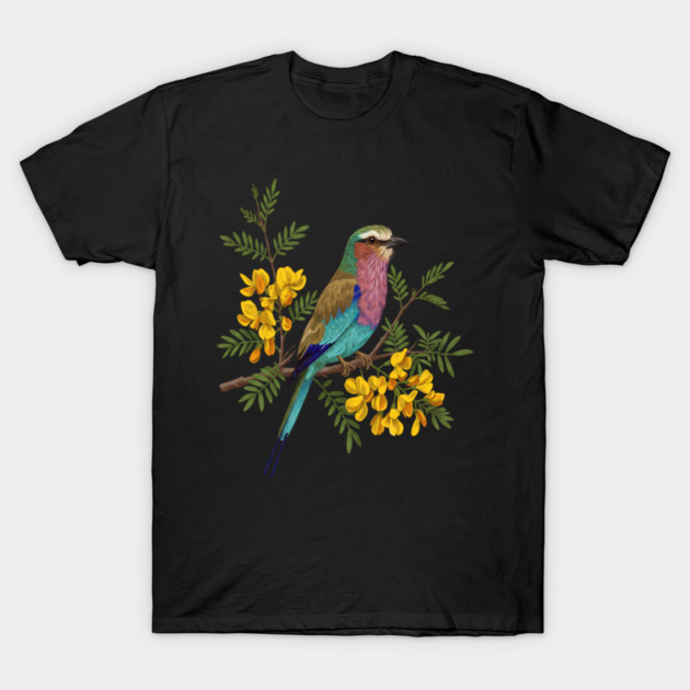 Lilac Breasted Roller with Acacia Blossoms T-Shirt by BirdsnStuff