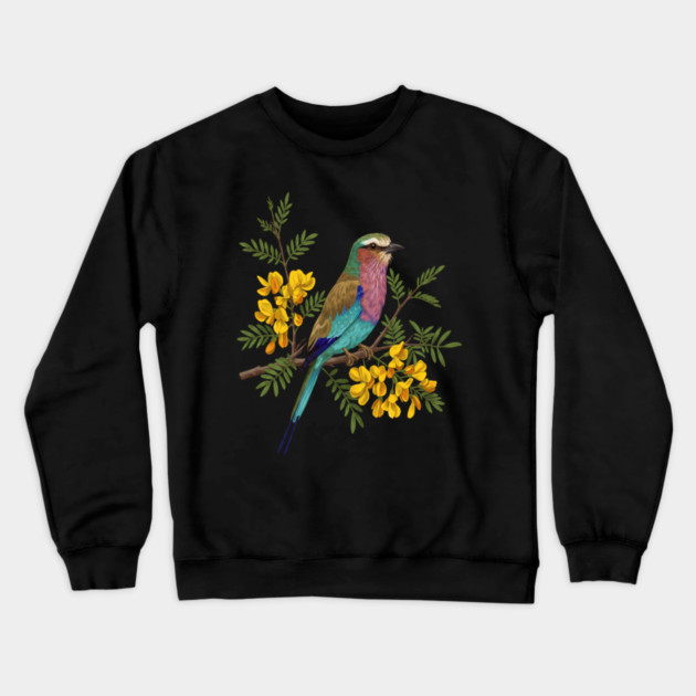 Lilac Breasted Roller with Acacia Blossoms Crewneck Sweatshirt by BirdsnStuff