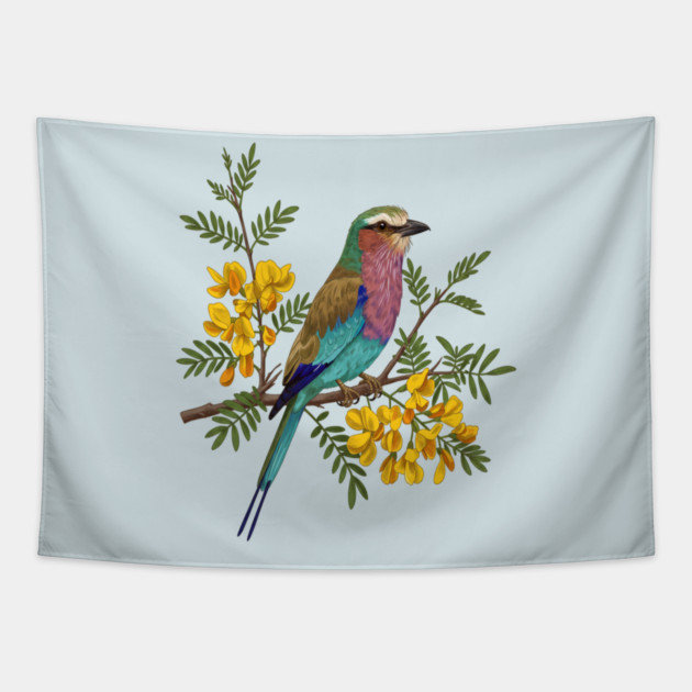Lilac Breasted Roller with Acacia Blossoms Tapestry by BirdsnStuff